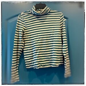 LUCY AND YAK Striped Turtleneck Long Sleeve Top - Teal & Cream